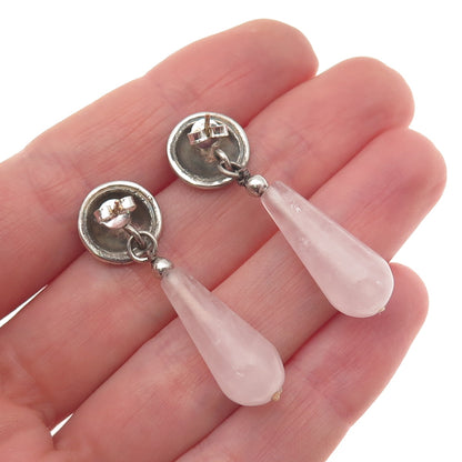 925 Sterling Silver 14K Gold Posts Vintage Real Rose Quartz Dangle Earrings