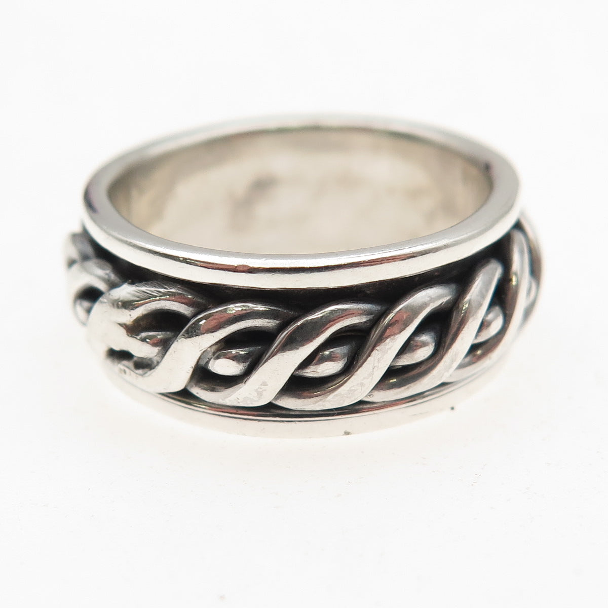 925 Sterling Silver Vintage Braided Oxidized Rotating Band Ring Size 8.25