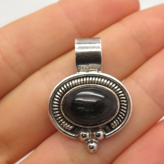 925 Sterling Silver Vintage Real Black Onyx Gem Beaded Slide Pendant