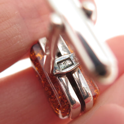 925 Sterling Silver Vintage JV Poland Real Amber Modernist Cufflinks