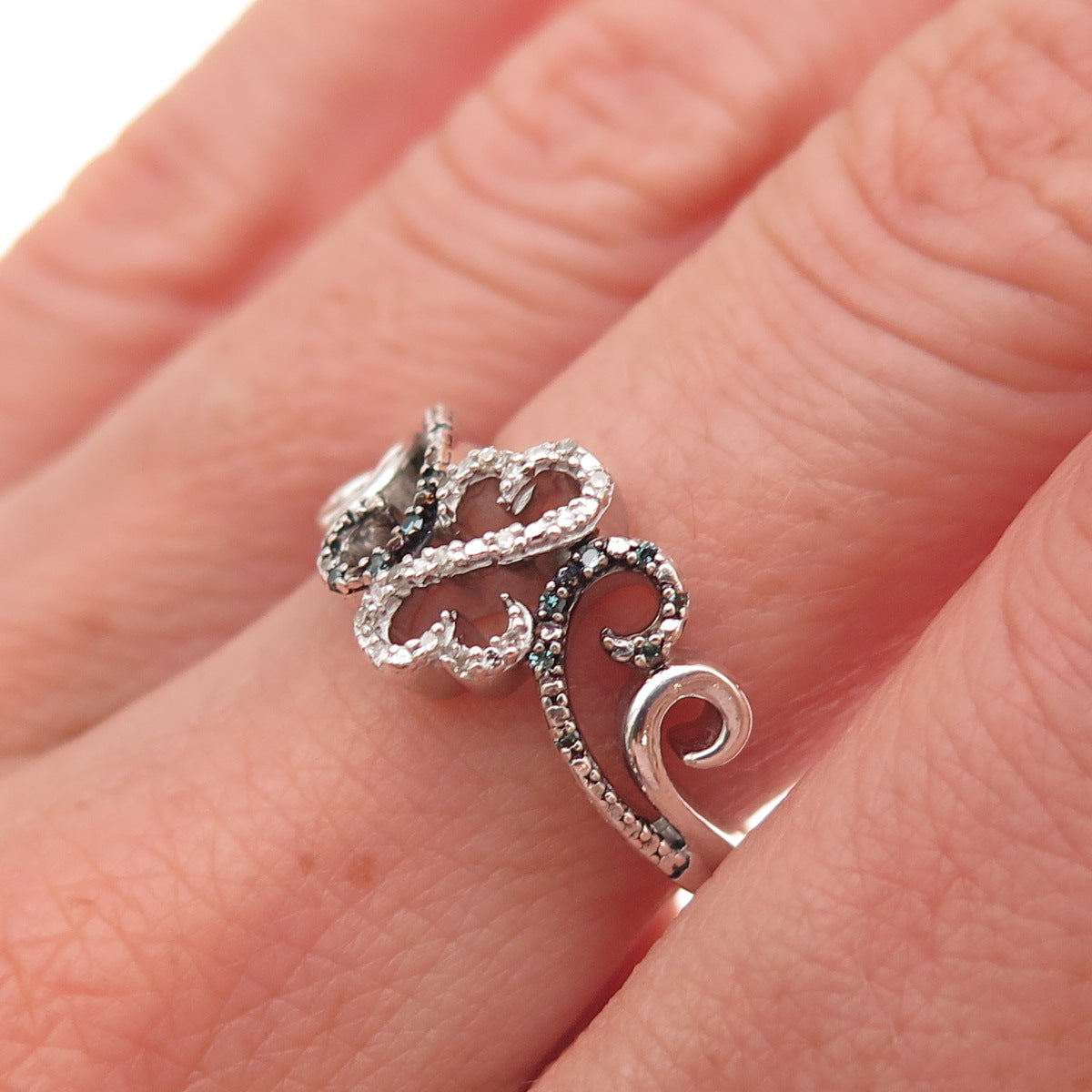 Jane Seymour 925 Sterling Silver Real Blue & White Diamond Heart Ring Size 6.75