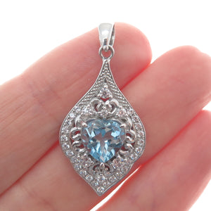 925 Sterling Silver Real Heart-Cut Blue Topaz Gem & C Z Cluster Pendant