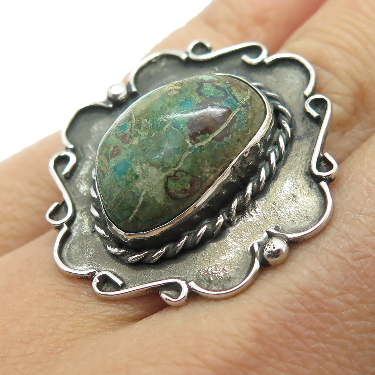 925 Sterling Silver Vintage Mexico Turquoise Modernist Oxidized Ring Size 6.5