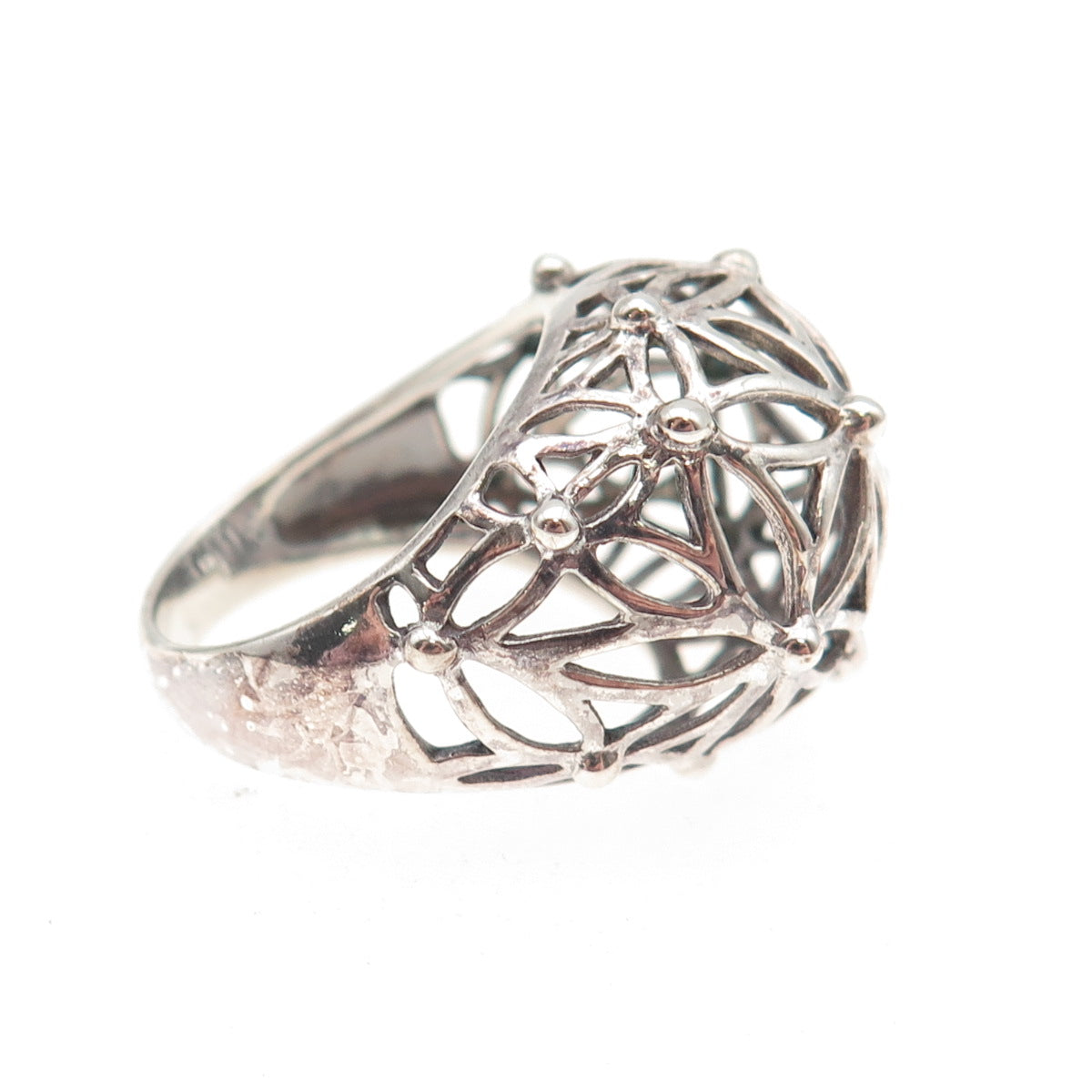 925 Sterling Silver Vintage Modernist Flower Dome Oxidized Ring Size 6.75