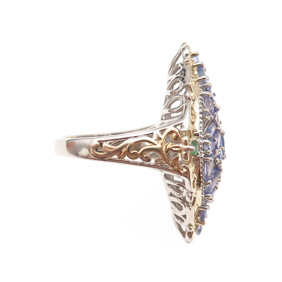Chuck Clemency 925 Sterling Silver 2-Tone Real Tanzanite Emerald Ring Size 8.25