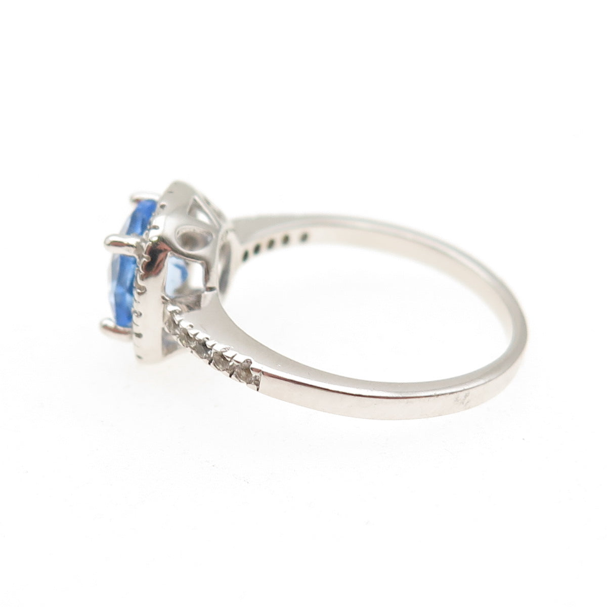 925 Sterling Silver Vintage Cushion-Cut Blue Round-Cut White C Z Ring Size 6.75