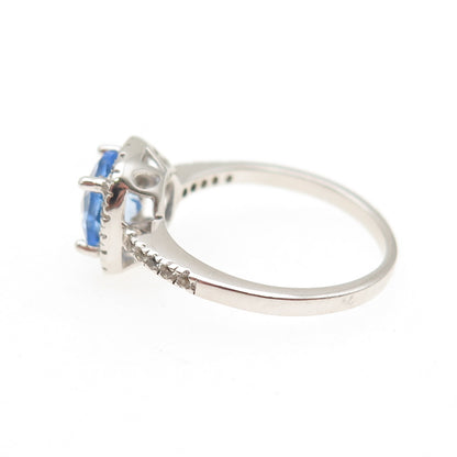 925 Sterling Silver Vintage Cushion-Cut Blue Round-Cut White C Z Ring Size 6.75
