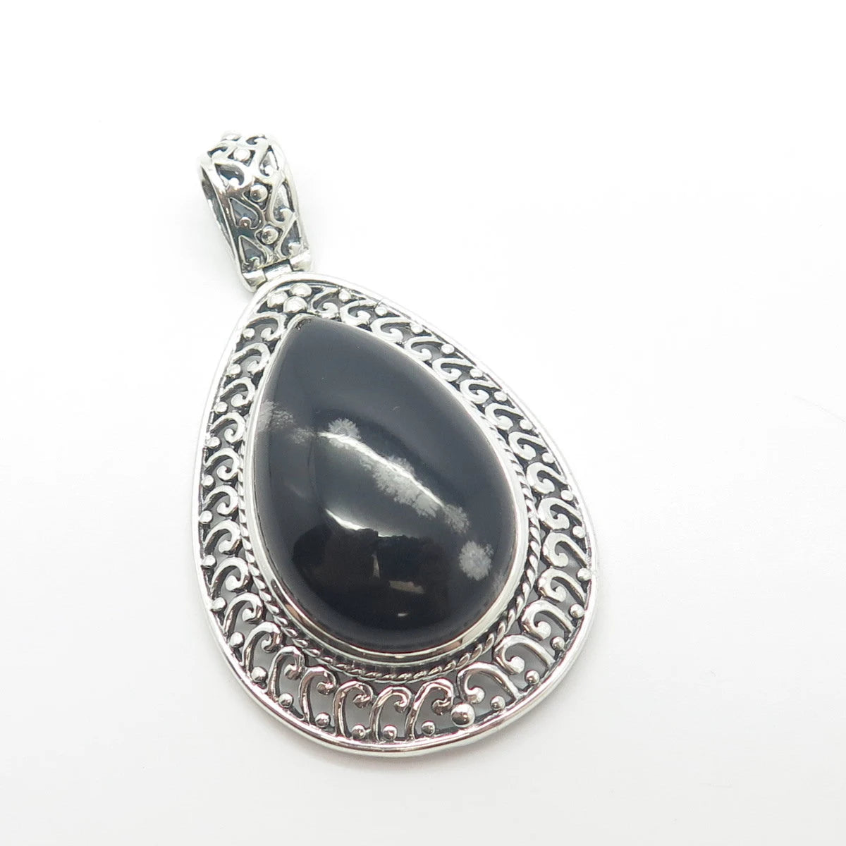 925 Sterling Silver Vintage Real Snowflake Obsidian Gem Teardrop Pendant
