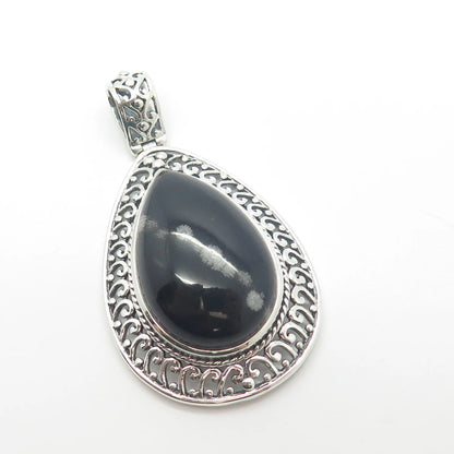 925 Sterling Silver Vintage Real Snowflake Obsidian Gem Teardrop Pendant