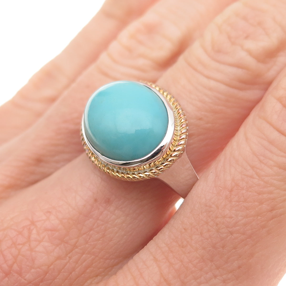 925 Sterling Silver 2-Tone Real Tyrone Turquoise Ring Size 8