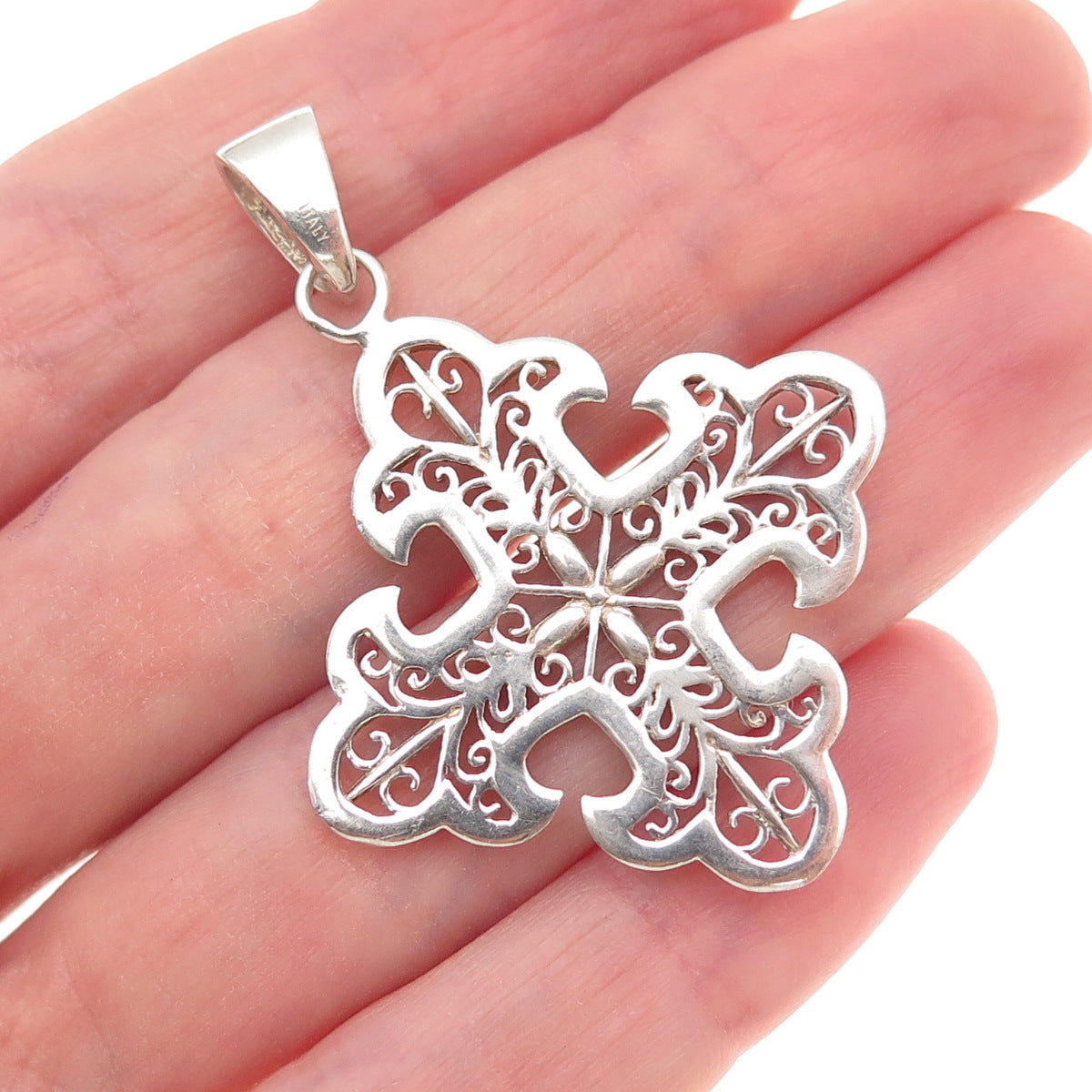 Milor Sterling Silver Vintage Italy Fleur de Lis Cross Filigree Charm Pendant