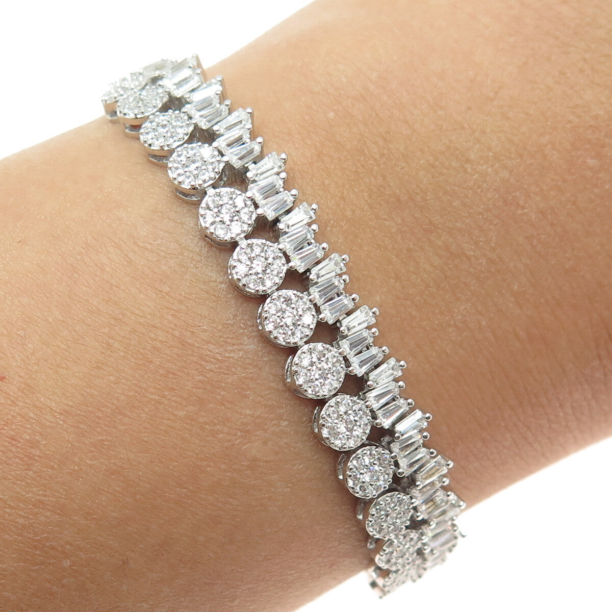 925 Sterling Silver Round & Tapered Baguette-Cut C Z Tennis Link Bracelet 7"