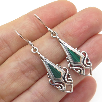 925 Sterling Silver Vintage Real Malachite Gemstone Ethnic Dangle Earrings