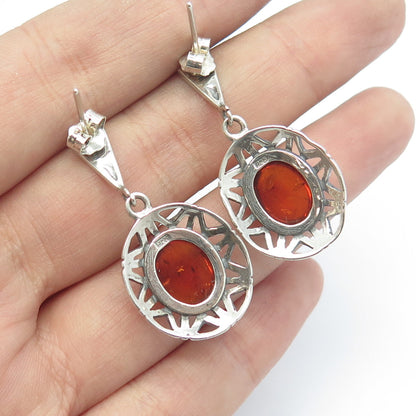 925 Sterling Silver Vintage Real Amber Sun Dangling Earrings