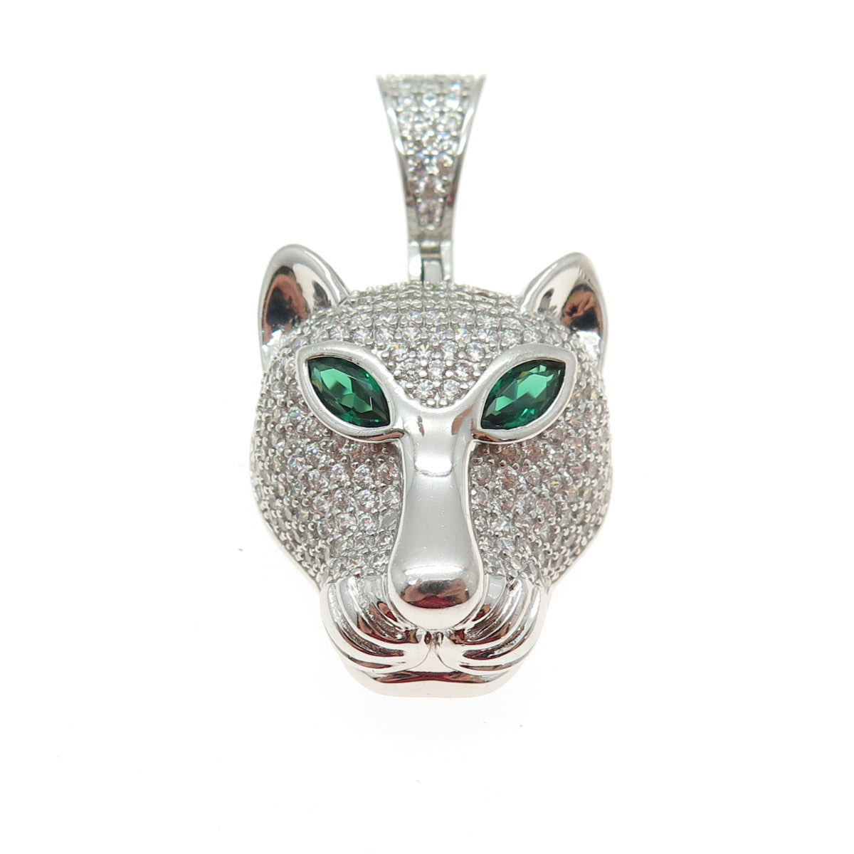 925 Sterling Silver Nano Emerald & Round-Cut C Z Panther's Head Pendant