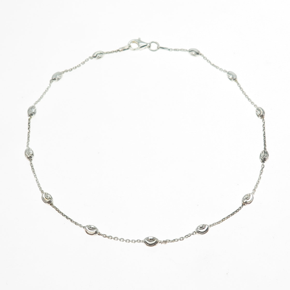 925 Sterling Silver Italy Diamond-Cut Bead Station Cable Anklet / Bracelet 10.5"