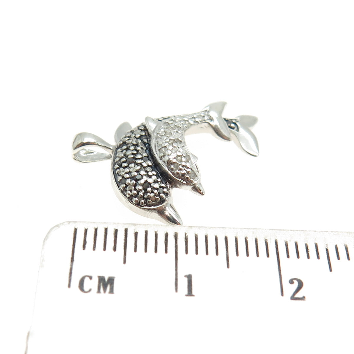 925 Sterling Silver Real Round-Cut Black & White Diamond Dolphin Pendant