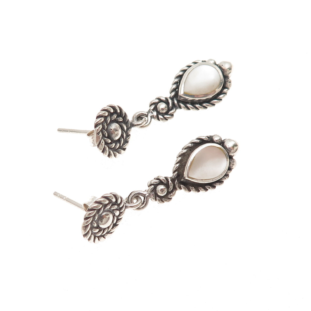 925 Sterling Silver Vintage Real MOP Teardrop Oxidized Dangle Earrings