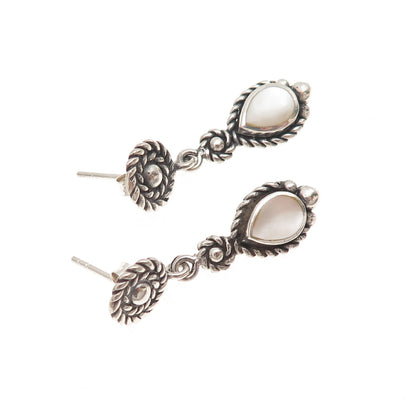 925 Sterling Silver Vintage Real MOP Teardrop Oxidized Dangle Earrings