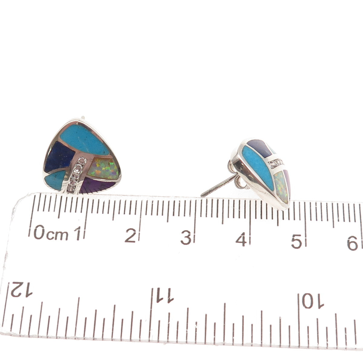 925 Sterling Silver Vintage Real Turquoise Lapis Opal & C Z Stud Earrings