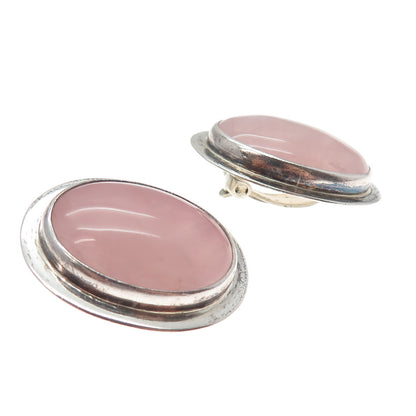 925 Sterling Vintage AIS Mexico Real Rose Quartz Modernist Clip On Earrings