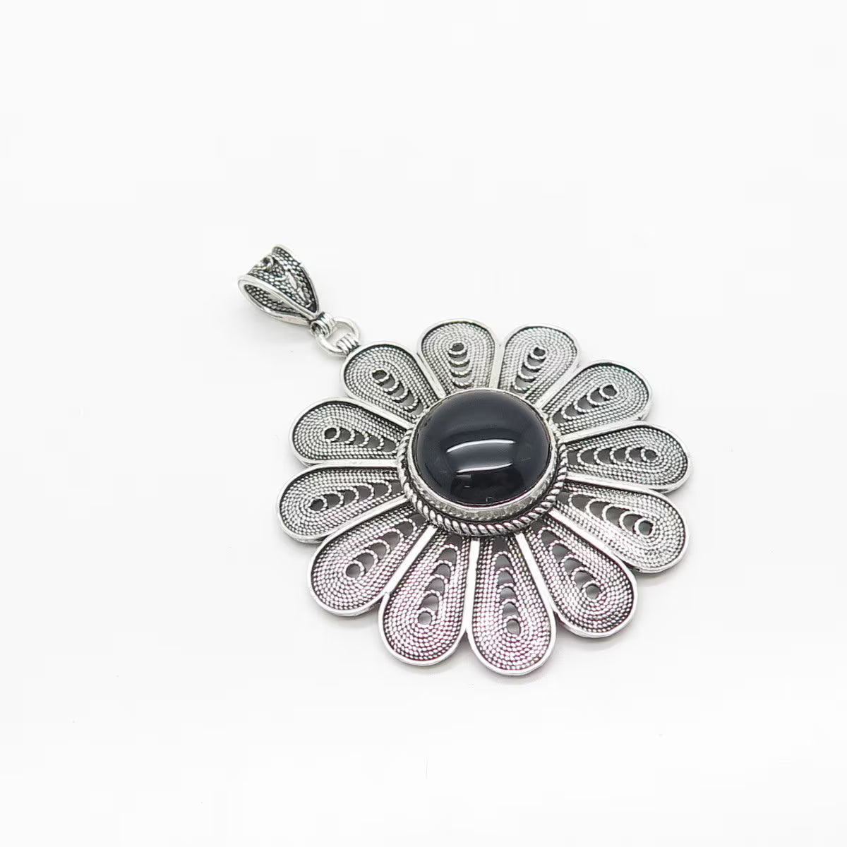 925 Sterling Silver Vintage DBS Turkey Real Black Onyx Filigree Floral Pendant