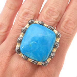 925 Sterling Silver Gold Plated Black Rhodium Vintage Turquoise Ring Size 7.25