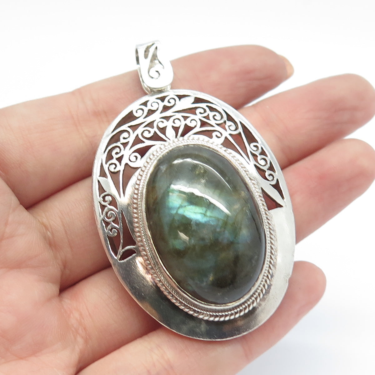 925 Sterling Silver Vintage Real Labradorite Gemstone Ornate Pendant