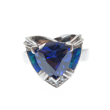 925 Sterling Silver Real Opal Blue & White C Z Heart Ring Size 7.25