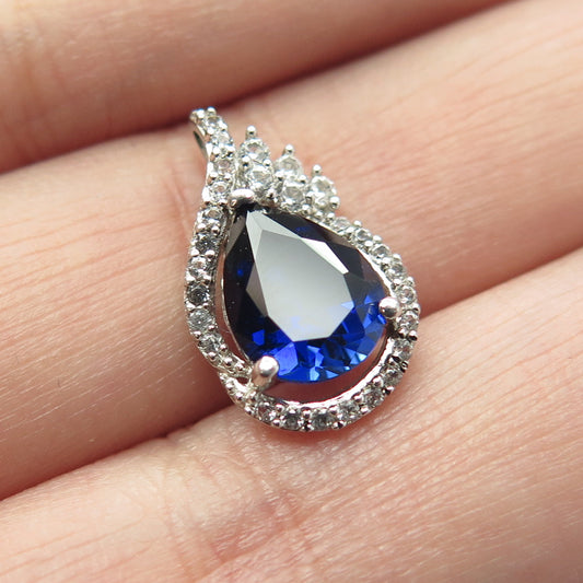 925 Sterling Silver Real White Topaz & Lab-Created Sapphire Drop Pendant