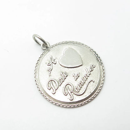 925 Sterling Silver Vintage "A Date To Remember" Heart Round Pendant