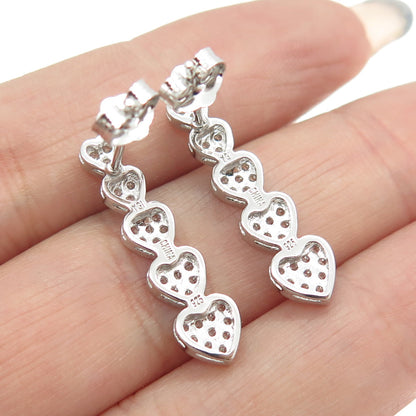 925 Sterling Silver Round-Cut C Z Graduated Heart Drop Earrings