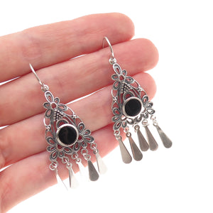 925 Sterling Silver Vintage Real Black Onyx Floral Oxidized Dangle Earrings