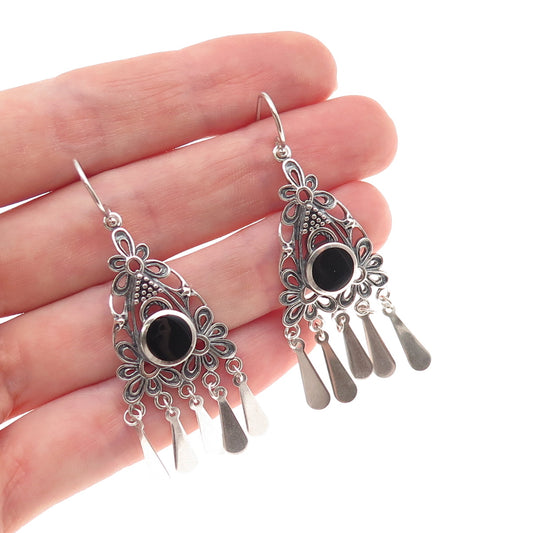 925 Sterling Silver Vintage Real Black Onyx Floral Oxidized Dangle Earrings