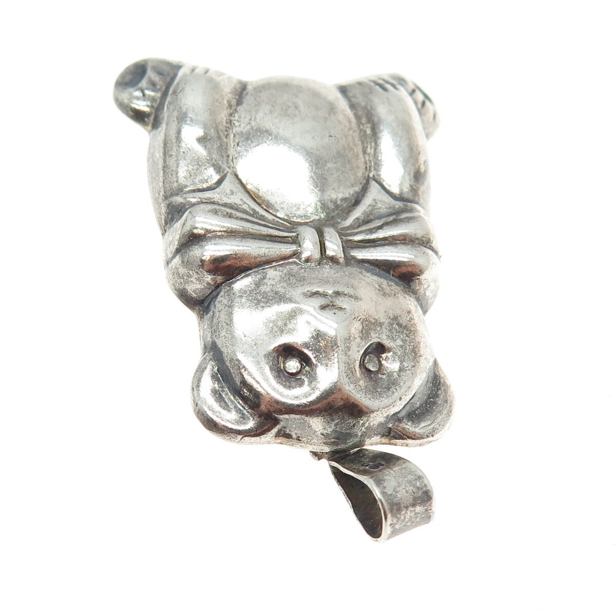 925 Sterling Silver Vintage Teddy Bear Bow Puffy Pin Brooch / Pendant