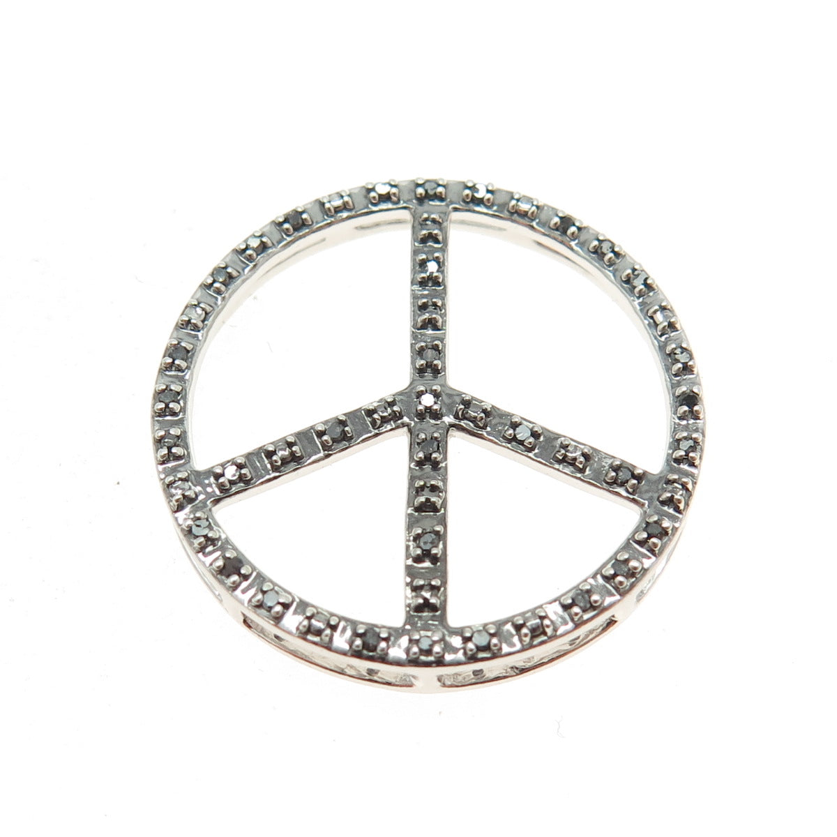 925 Sterling Silver Real Round-Cut Black Diamond Peace Symbol Slide Pendant