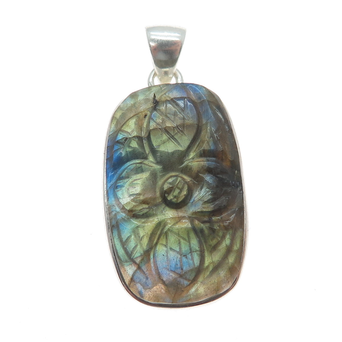 925 Sterling Silver Vintage Real Labradorite Carved Flower Charm Pendant