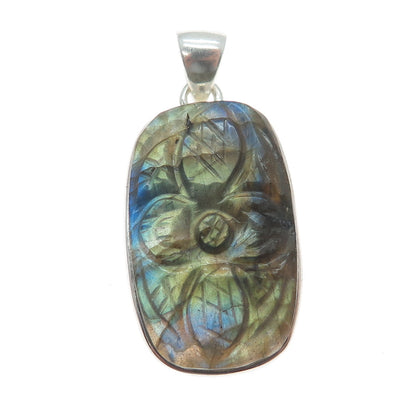 925 Sterling Silver Vintage Real Labradorite Carved Flower Charm Pendant
