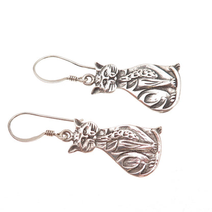 925 Sterling Silver Vintage Cat Oxidized Dangle Earrings