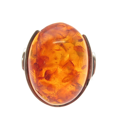 925 Sterling Silver Vintage Real Cabochon Amber Modernist Ring Size 8