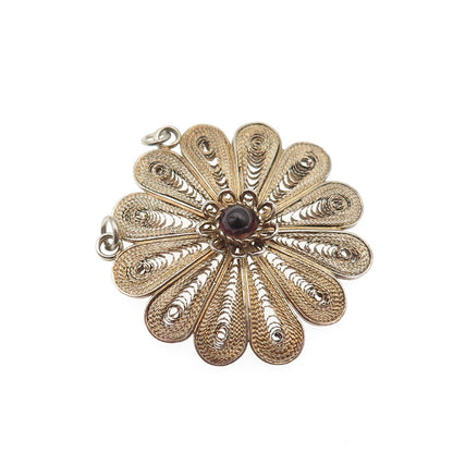 925 Sterling Gold Plated Vintage Real Garnet Filigree Flower Centerpiece Pendant
