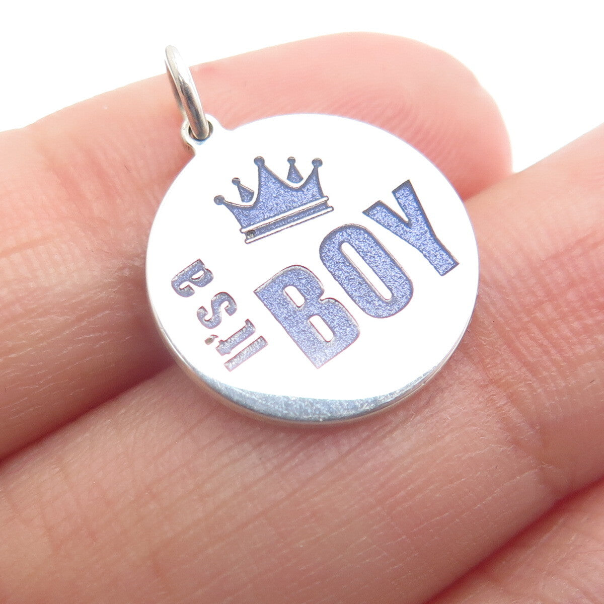 925 Sterling Silver Purple Enamel "It's a Boy" Round Minimalist Charm Pendant