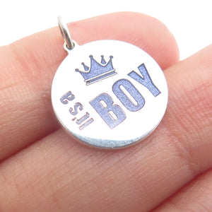925 Sterling Silver Purple Enamel "It's a Boy" Round Minimalist Charm Pendant
