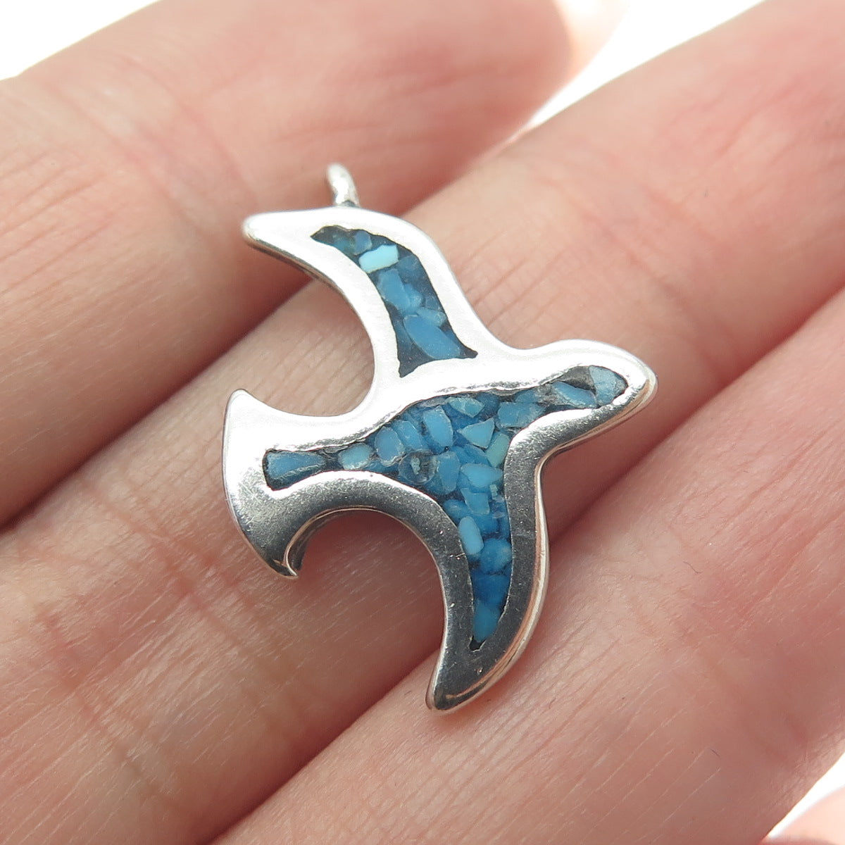 Old Pawn 925 Sterling Silver Vintage Real Turquoise Inlay Seagull Charm Pendant