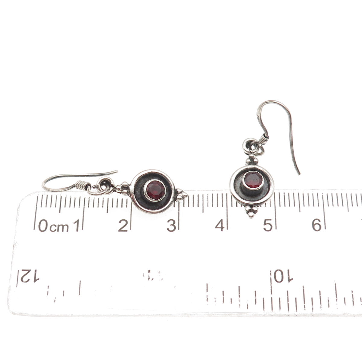 925 Sterling Silver Vintage Real Red Garnet Modernist Oxidized Dangle Earrings