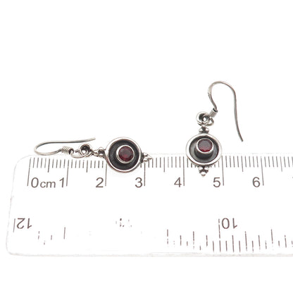 925 Sterling Silver Vintage Real Red Garnet Modernist Oxidized Dangle Earrings