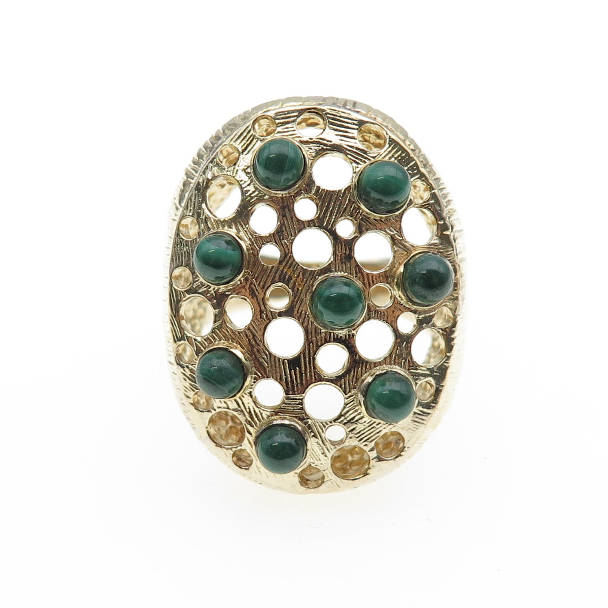 925 Sterling Silver Gold Plated Vintage Real Malachite Modernist Ring Size 10.25