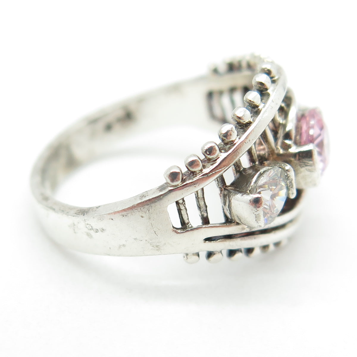 925 Sterling Silver Vintage Round-Cut Pink & White C Z Ring Size 5.25