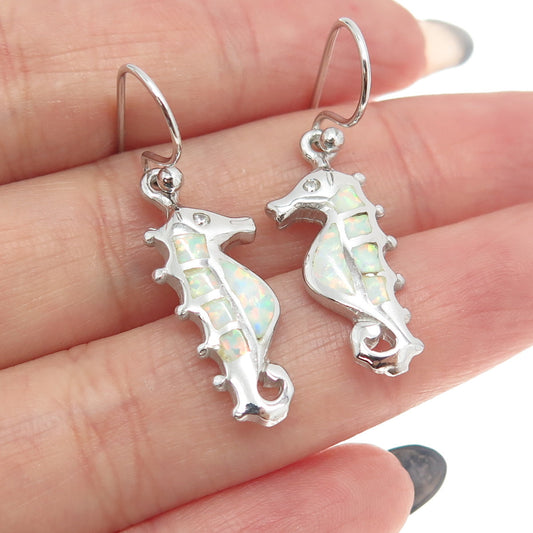 925 Sterling Silver Real Opal & C Z Seahorse Dangling Earrings