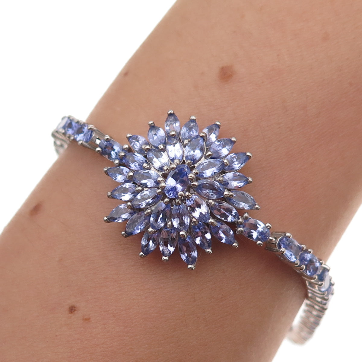 D'Joy 925 Sterling Silver Real Marquise & Oval-Cut Tanzanite Floral Bracelet 8"